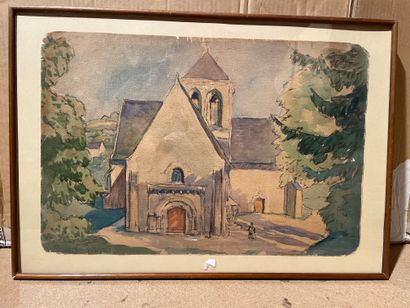  Ecole française du XXe siècle 
Vue d’église 
Aquarelle et crayon gras, signée et...