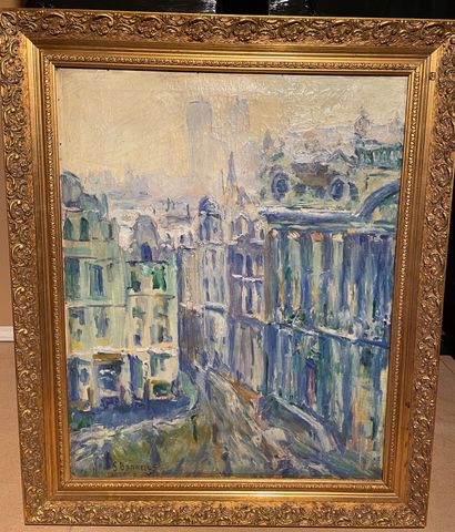 null Gaston BONNEELS (1891-?) Vue sur Notre-Dame, 1916 Huile sur toile, signée et...