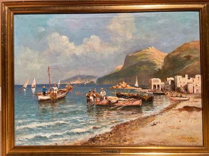 null Fausto PRATELLA (1886-1964) Retour de pêche  Huile sur toile, signée en bas...