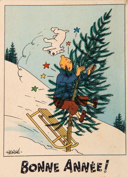 null Tintin - Carte neige : Tintin et Milou heurtent un sapin. Bon état/Très bon...