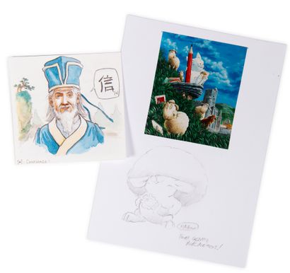 Masbou/Jamar 一套2张献词：每位作者的1张画（A5和10 x 10厘米）+信封和一张由贾马尔签名的卡片。