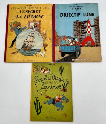 HERGÉ Ensemble de 3 albums : Popol et virginie (2ème édition), Tintin Objectif Lune...