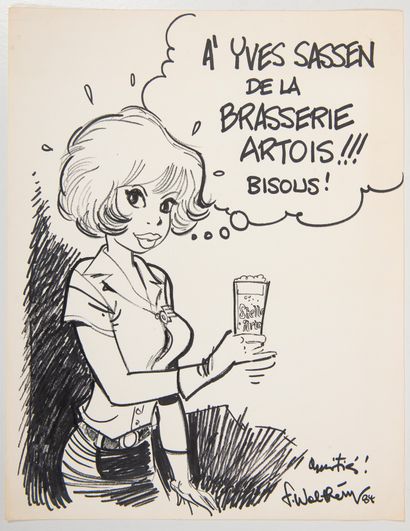 WALTHERY 奉献：娜塔莎介绍比利时著名啤酒：Stella Artois。1984年（27 x 34.5厘米）。