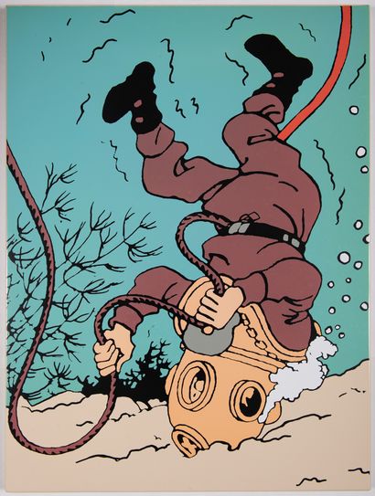 null Tintin - Plaque émaillée : Dupont scaphandrier la tête en bas. Rare grande plaque...