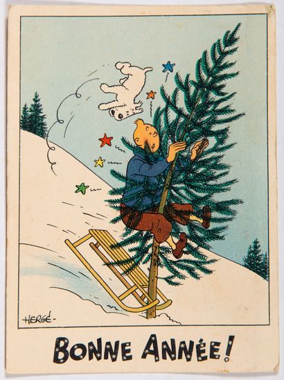 null Tintin - Carte neige : Tintin et Milou heurtent un sapin. Bon état/Très bon...