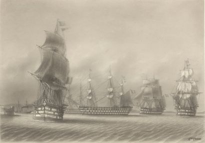 Antoine FRÉMY(1816-1885) Escadre de navires de guerre français, rade de Toulon
Mine...