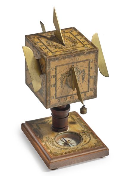 David BERINGER (1756-1821) 
Sundial made of wood, brass and engraved paper. The cube...