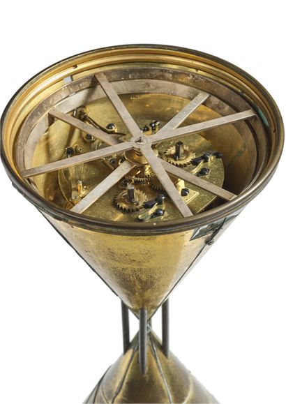 null 
Gilt bronze hourglass-shaped revolving circle clock. Dial with window indicating...