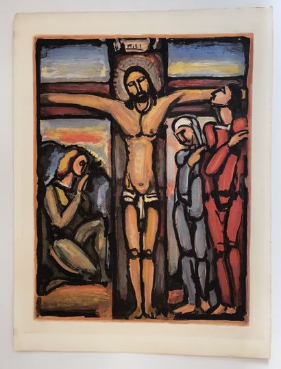 Georges ROUAULT (1871-1958) 十字架上的基督，1936年
彩色蚀刻和水彩画（65.5 x 50厘米），厚织纸（77 x 57.5厘米）...