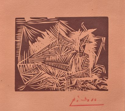 Pablo Picasso (1881-1973) 
鸽子》，1939年



羊皮纸上的凿刻版画

棕色印刷在粉红色的纸上，用红色铅笔签名

在 "毕加索在布冯边上的40幅画...