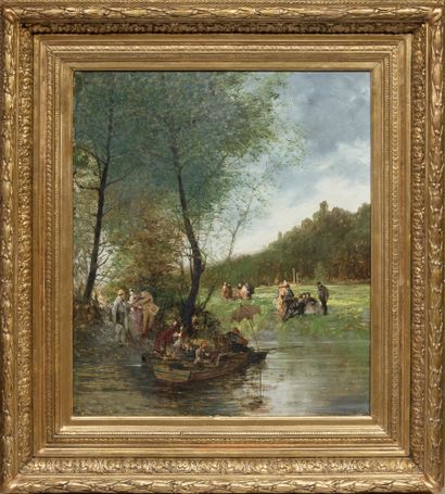 ÉCOLE FRANÇAISE, fin XIXe siècle Leçon de peinture en plein air
Huile sur toile 64,5...