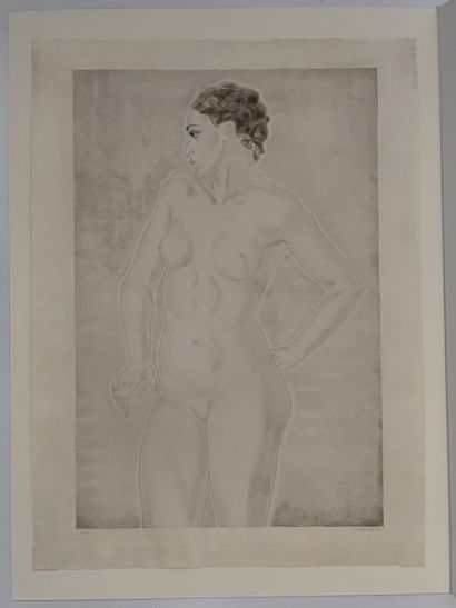 Léonard FOUJITA (1886-1968) 侧面站立的裸体
《FEMMES 1930》画板
彩色蚀刻和水印 (59.5 x 40.5 cm)，印在Japon纸上...
