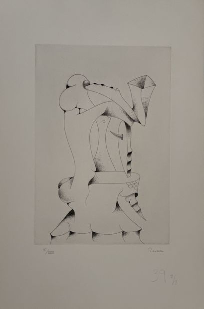Ivan TOVAR (1942-2020) 什么是泰雷兹？C'est le marronnier en fleurs, Le Soleil Noir, 1974.
由七幅蚀刻画组成的完整套件，说明了何塞-皮埃尔的作品。套装的单独版本，共30份，其中编号为V/XXX...