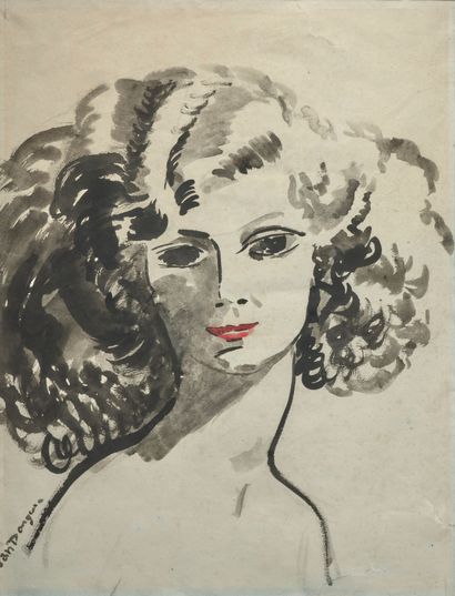 Kees VAN DONGEN (1877-1968) Portrait d'une élégante, circa 1940 Lavis et aquarelle...