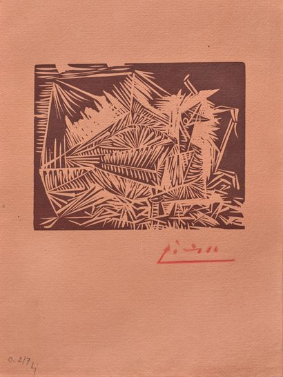 Pablo Picasso (1881-1973) 
鸽子》，1939年



羊皮纸上的凿刻版画

棕色印刷在粉红色的纸上，用红色铅笔签名

在 "毕加索在布冯边上的40幅画...