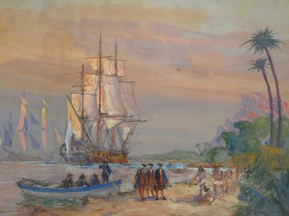 Albert SEBILLE (1874-1953) (Peintre de la Marine) « Le débarquement de BOUGAINVILLE...