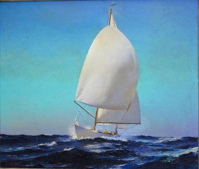 Howard BARCLAY FRENCH (Ecole AMERICAINE, XXe siècle) « Ketch sous spi » Huile sur...