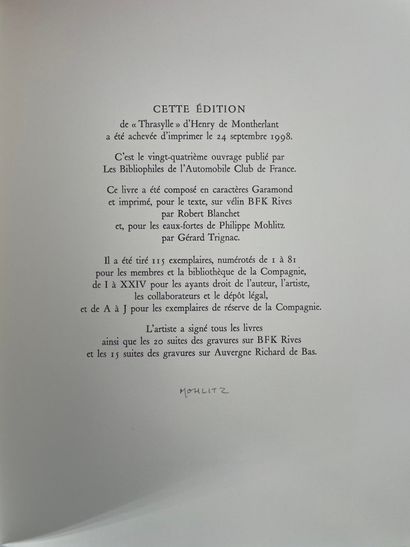 MONTHERLANT DE, HENRY - [MOHLITZ] 
Thrysylle

Paris, Les Bibliophiles de l'Automobile...