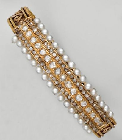 null Bracelet jonc XIXe, perles fines et diamants, en or