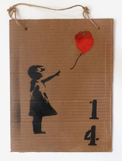 BANKSY Enfant au ballon rouge / Pochoir sur carton ondulé avec ficelle d'accrochage...