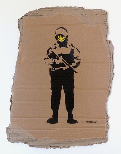 BANKSY Soldat / Pochoir sur carton ondulé / Signé au pauchoir en bas à droite / 

Annoté...