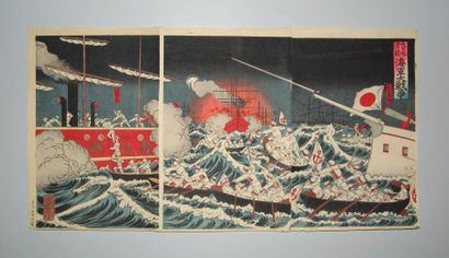 JAPON Deux triptyques de Nobukazu, scène de la guerre sino-japonaise. 1894.