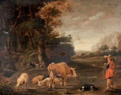 Ecole HOLLANDAISE du XVIIe, entourage de Nicolaes BERCHEM «Berger gardant son troupeau»...