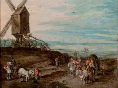 Ecole FLAMANDE du XVIIème siècle, suiveur de Jan II BRUEGHEL «La halte des voyageurs...