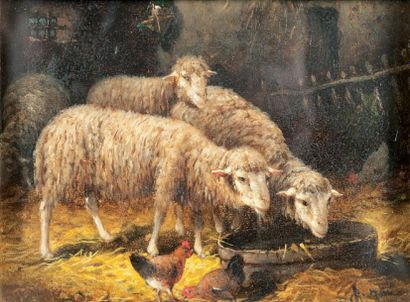 Ecole de Charles JACQUES (1879-1959) «Moutons à la bergerie» Peinture sur panneau,...