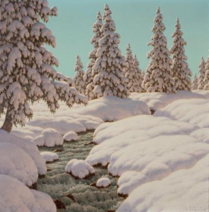 Ivan CHOULTSE (1874/77-c.1932) «Torrent entre les sapins enneigés» Peinture sur toile,...