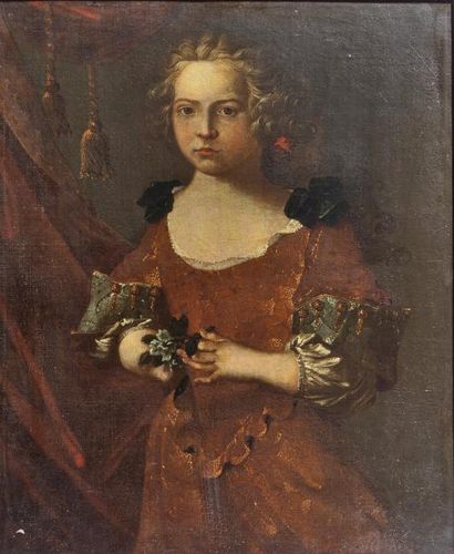 Ecole ITALIENNE fin XVIIe siècle «Portrait de jeune fille tenant une fleur» Huile...