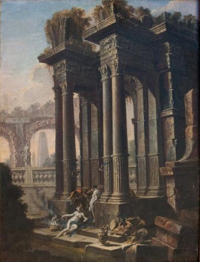 Ecole ITALIENNE du XVIIème siècle «Caprice architectural» Huile sur toile 54,5 x...