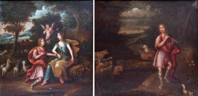 Ecole FRANÇAISE fin XVIIe siècle «Scènes Pastorales» Deux huiles sur toile formant...