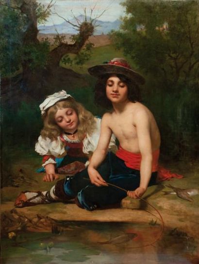 E. CONDE (Actif au XIXe) «Enfants pêchant, circa 1880» Huile sur toile. Signée en...