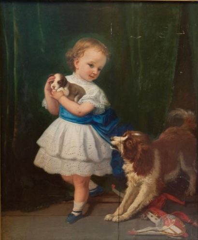 Charles-Marie VERLAT (1824-1890) «Fillette aux chiens» Huile sur panneau signée et...