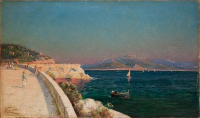 V. CARLIER (Actif au début XXe siècle) «La basse corniche à Nice» Huile sur toile....