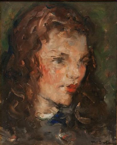 Abel BERTRAM (1871-1954) «Portrait de jeune fille» Huile sur carton. Signée en bas...