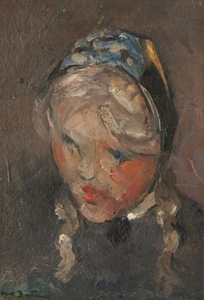 Abel BERTRAM (1871-1954) «Jeune fille aux nattes» Huile sur carton. Signée en bas...