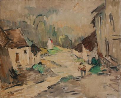 Abel BERTRAM (1871-1954) «Rue animée à Monchecourt» Huile sur toile. Signée en bas...