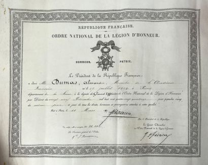 Alexandre DUMAS fils (1824-1895) 
Brevet de grand officier de la Légion d'honneur...