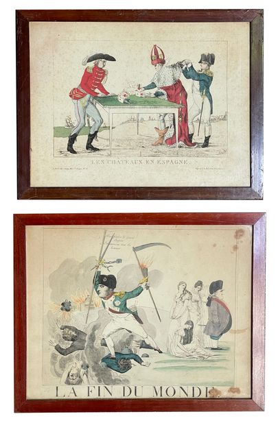Two satyric engravings heightened with watercolor:...