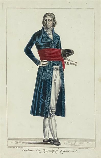 null Two engravings in colors:
- Costume of the members of the institute by Poisson....