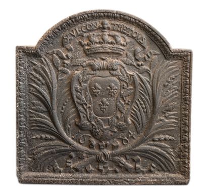 null Cast iron fireback in the shape of a gendarme hat decorated with the arms of...