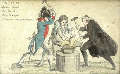 null New Constitution
Satirical engraving heightened with watercolor.
"tot tot tot...