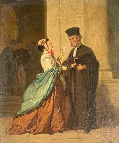 Eugène Le POITTEVIN (1866-1870) «L'avocat et sa cliente»
Huile sur panneau avec cachet...