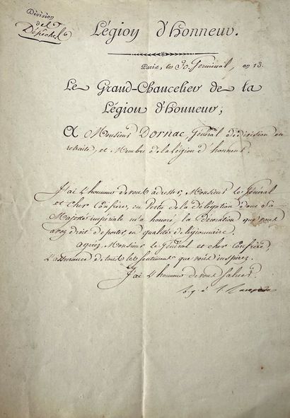 null 荣誉军团勋章 让-雅克-多尔纳克少将的提名信。
于30 Germinal An 13（1805年4月20日）完成的。大法官的签名
LACEPEDE。
...