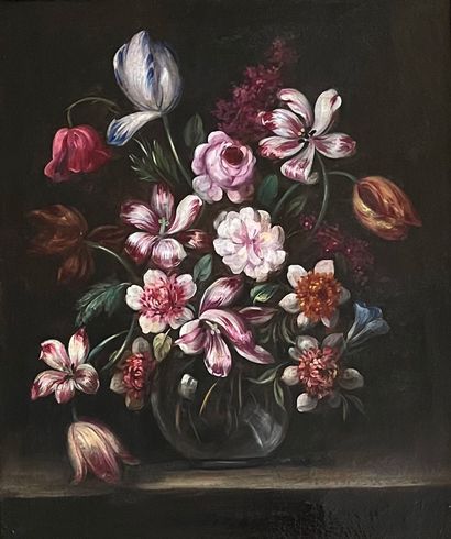 Ecole FRANCAISE, XIXème siècle 
Vase fleuri sur entablement
Huile sur toile Cadre...