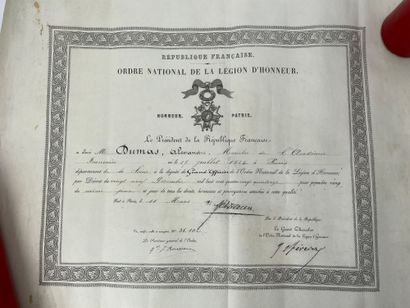 Alexandre DUMAS fils (1824-1895) 
Brevet de grand officier de la Légion d'honneur...