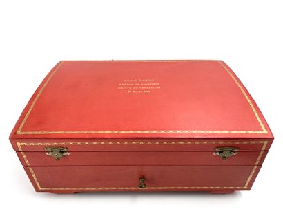  Box with two floors, one with a drawer, with gold inscription "André DAMIEN, Member...