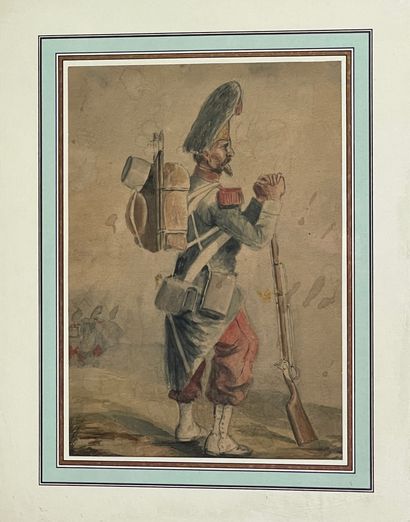 Auguste RAFFET (1804-1860) 
Fier officier au bivouac devant son feu de camp au crépuscule.
Aquarelle...